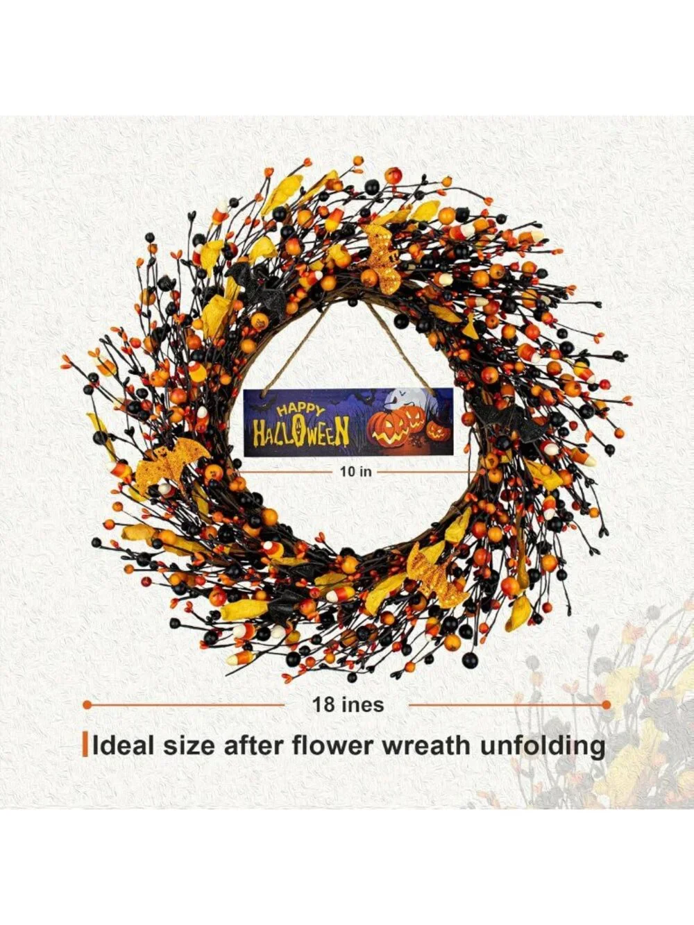 18-Inch Vintage Halloween Wreath - Black & Orange Berry Decor with Glitter Bat